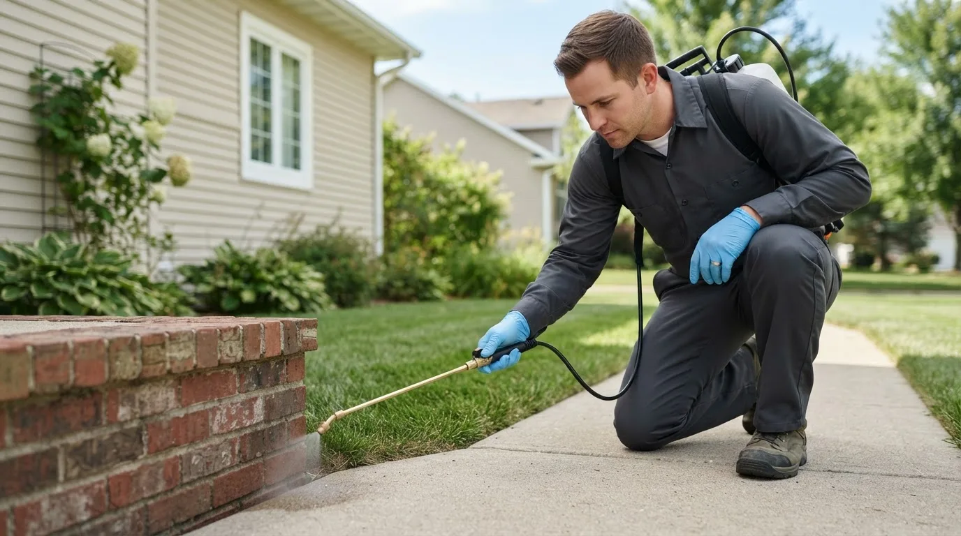 Pest control technician treating a home near Lee, MA